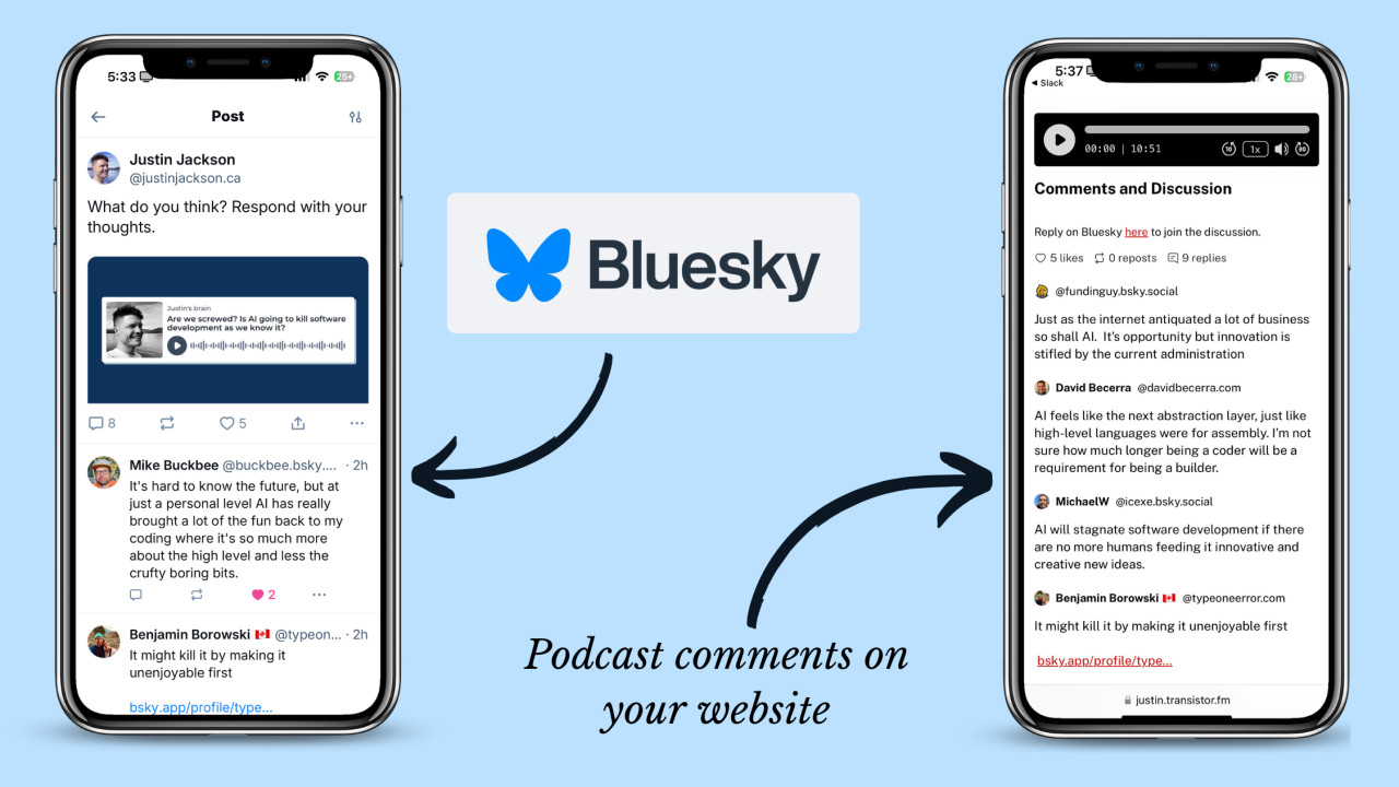 Auto-post your podcast episode to Bluesky, replies show up as comments on your website!