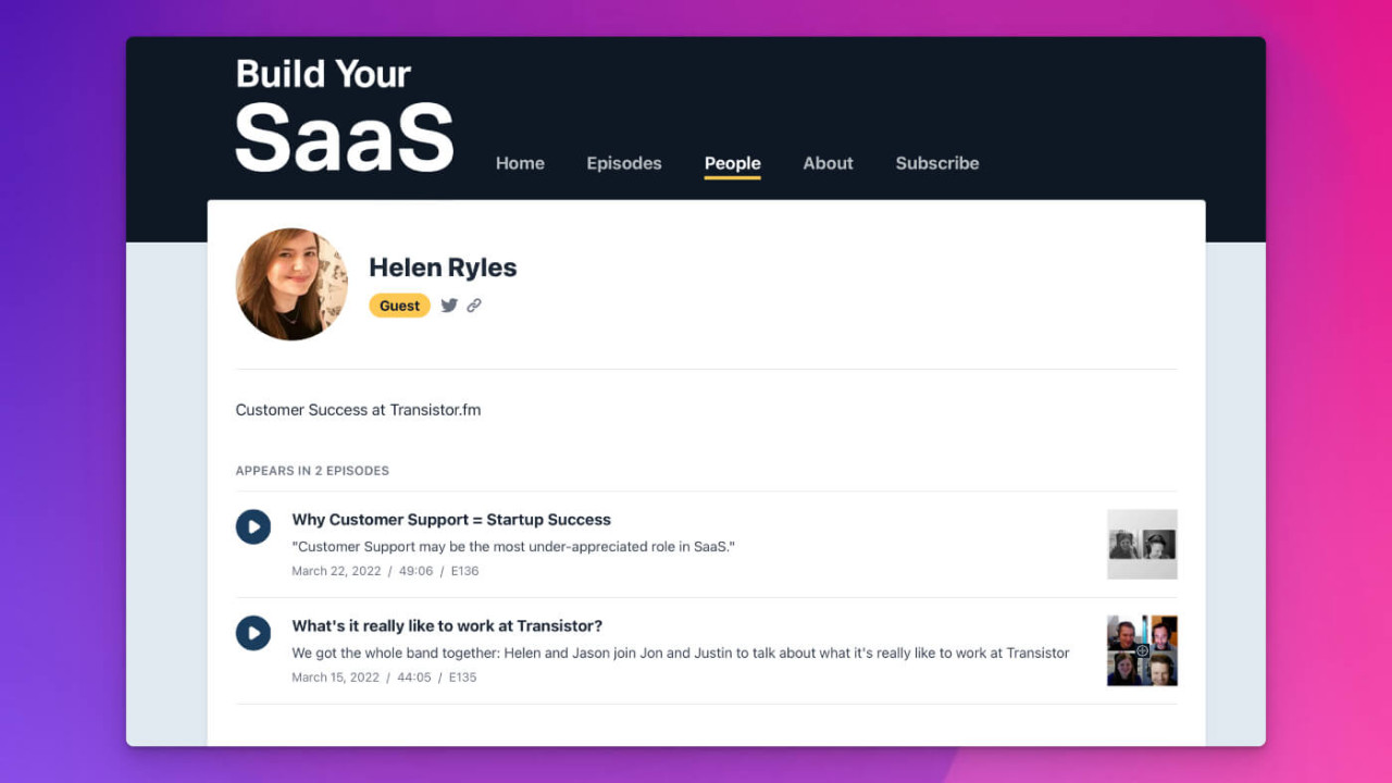 Display guest profiles on your website, including every episode they were on