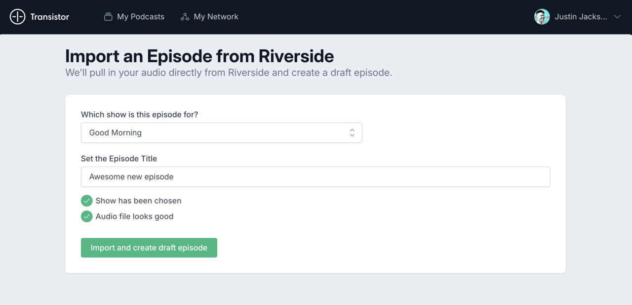 Import an episode from Riverside into Transistor