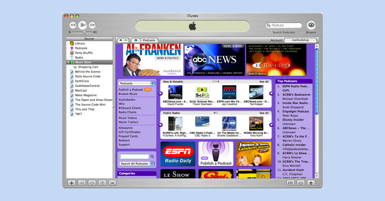 Podcasts in iTunes (screenshot from 2005)