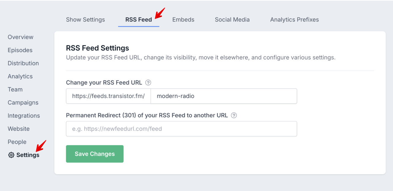 RSS feed 301 redirect Transistor.fm podcast hosting