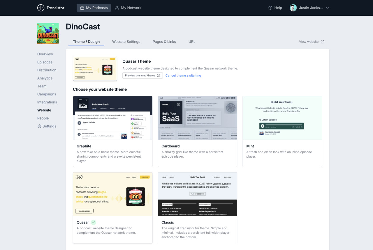 Select a new template for your podcast website