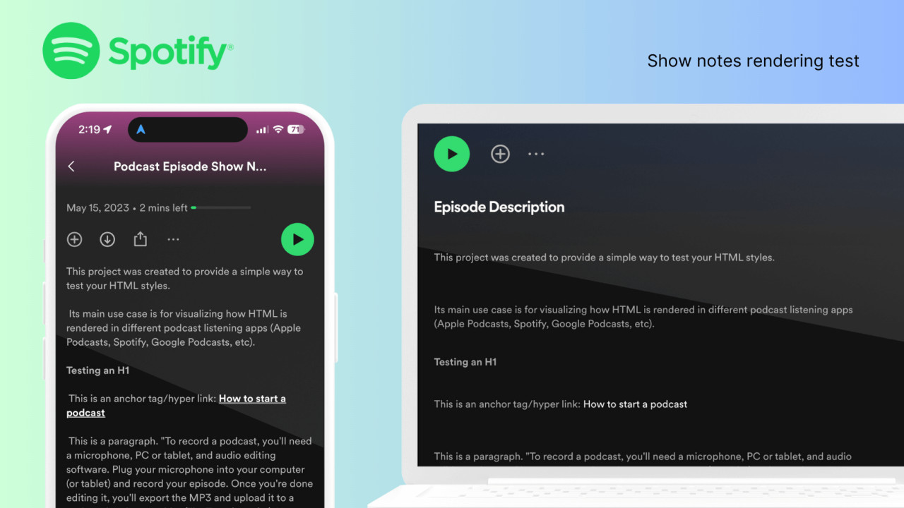 Spotify podcast show notes rendering episode description formatting