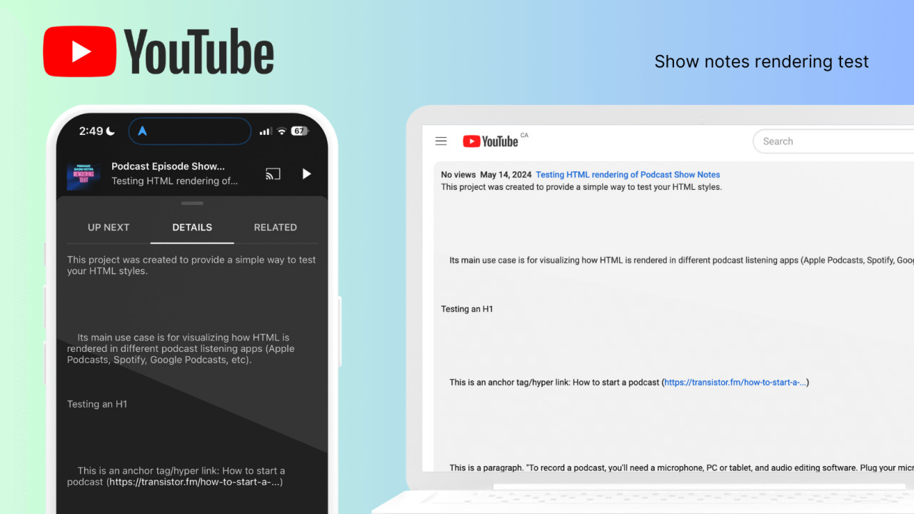 YouTube Music show notes rendering episode description formatting